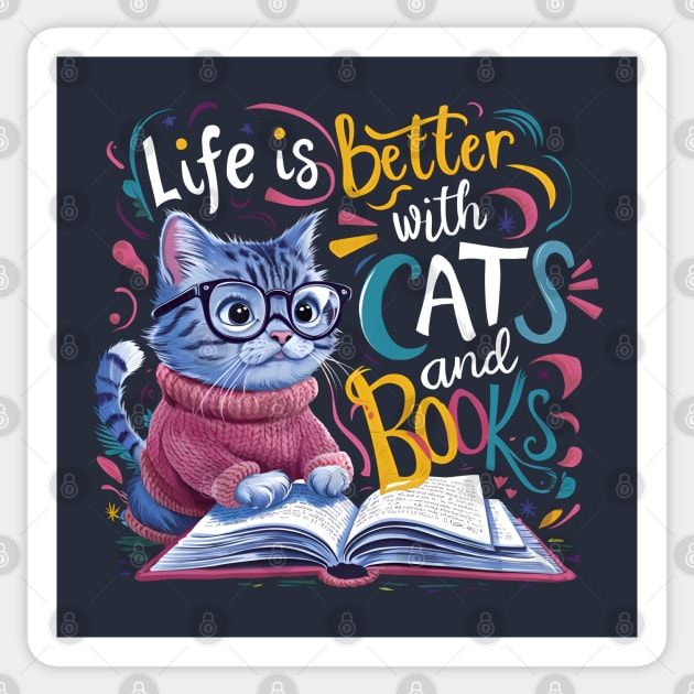 Life is better with Cats and Books Sticker by BobaTeeStore